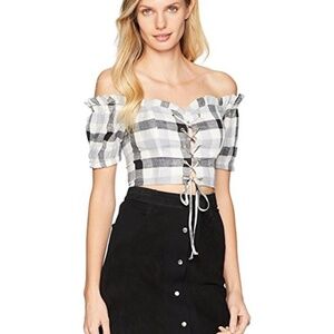 CLAYTON Checker Gauze Off Shoulder Lace-Up Western Style Crop Top / Blouse L